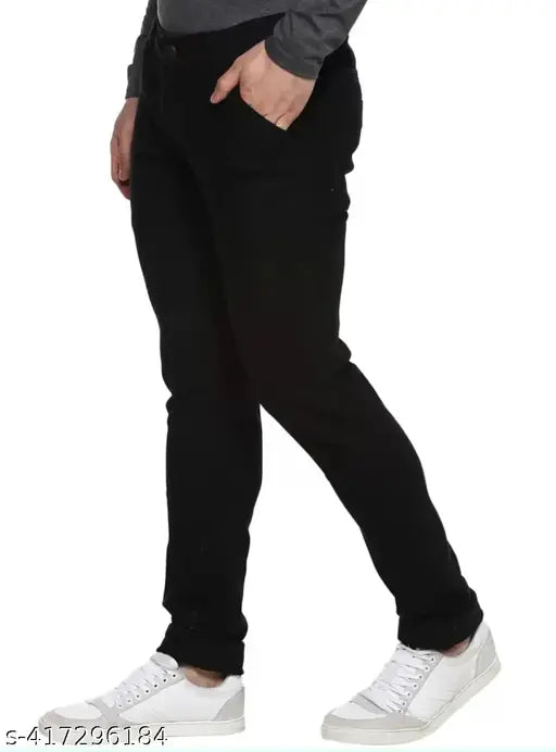 Black branded men's slim fit jeans, cotton, solid pattern for modern and trendy look. Comfortable mid-rise with sizes 28, 30, 32, origin India