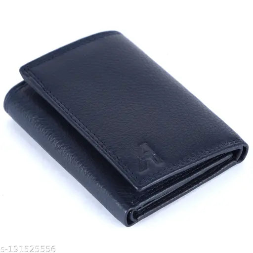 Blue genuine leather trifold wallet, RFID protected, 12 card slots, compact dimensions