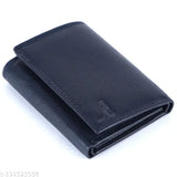 Blue genuine leather trifold wallet, RFID protected, 12 card slots, compact dimensions