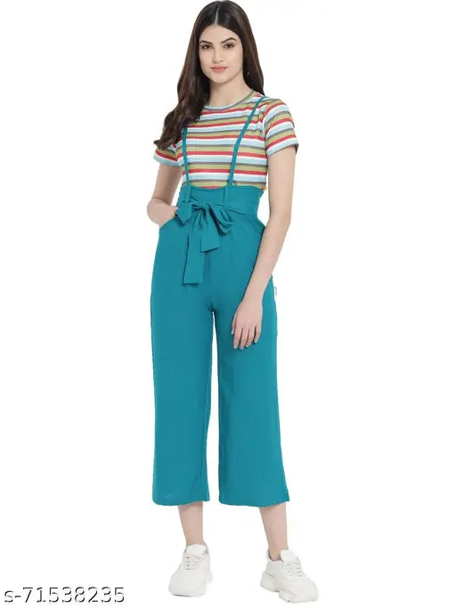 Striped rayon jumpsuit for women's partywear, cropped t-shirt with polyester blend, India-made