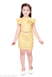Polyester Hunny Bunny mini party dress, embellished net pattern with shoulder frill, 5-12 years sizes available, glitter stretchable fabric, lining inside, zipper back, fashionable transparent belt, handwork flower on neck, India origin