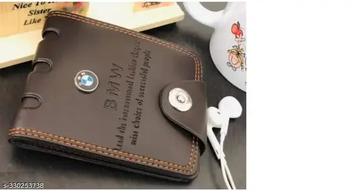 Leather BMW mens wallet purse, trending solid design with 6 ATM slots & 3 compartments. Free size (11x9cm), Indian origin
