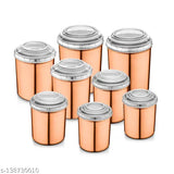 Eight copper metal cans with white plastic lids, set of 8