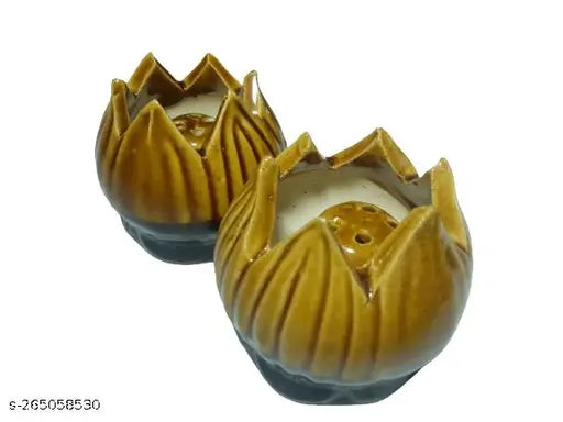 Ceramic lotus-shaped incense stick holder (2.5*2.5*2.5 inches), set of 2 for pooja samagri, Indian-crafted Agarbatti stand combo