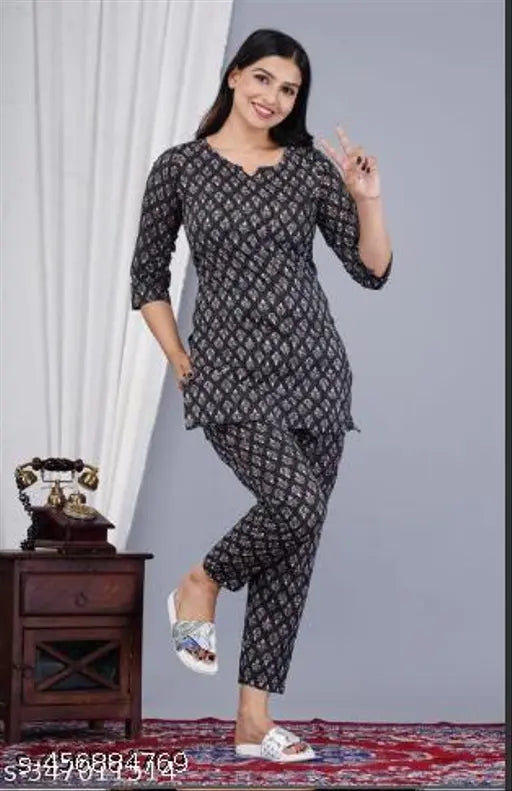 Black floral print kameez and leggings, cotton fabric, women's fashionable outfit