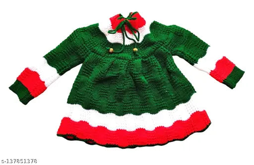 High neck woolen tie-up sweater set for baby girls, self-design net pattern, includes cap and booties - winter wear dress (4pc set), India origin