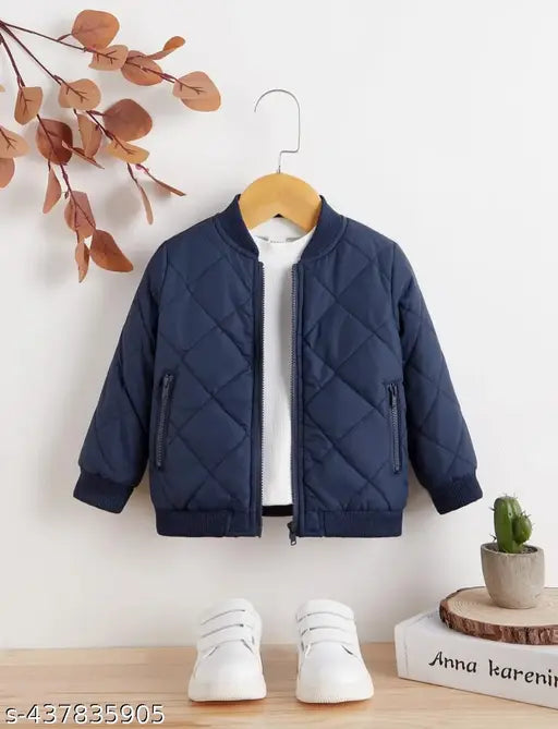 A navy blue, padded winter jacket for kids with full sleeves