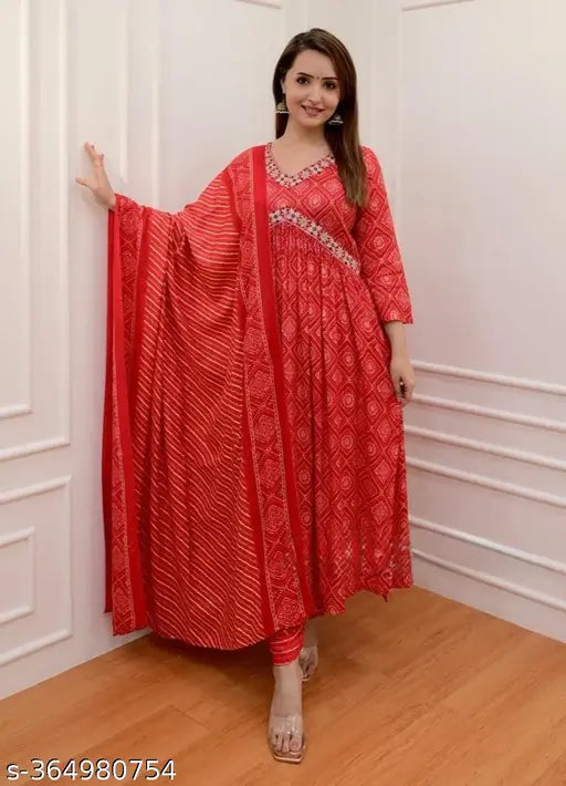 Viscose rayon printed kurta palazzo set with dupatta, three-quarter sleeves, Indian fashion on mannequin