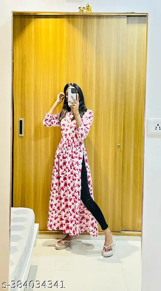 Butterfly printed crepe women's Anarkali kurtis, three-quarter sleeves, floor-length design