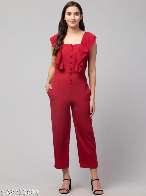 Sleeveless poly crepe women's jumpsuit, solid net design from India