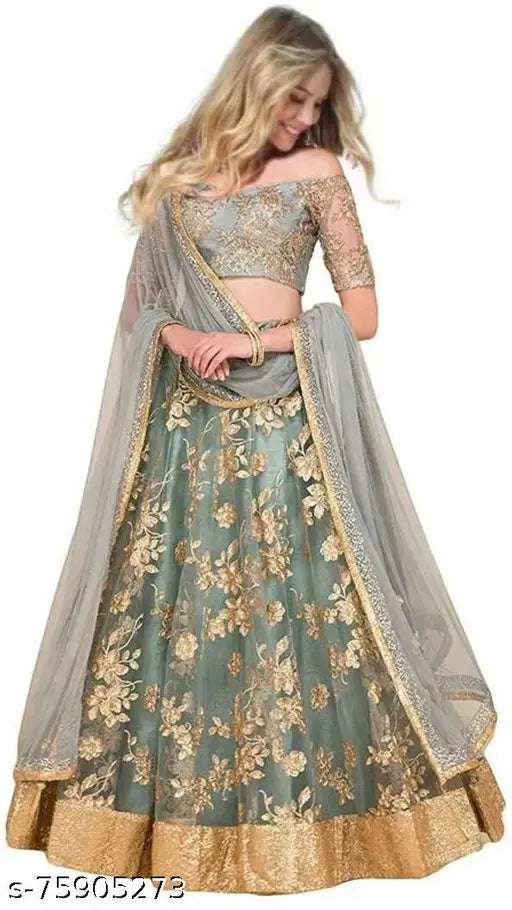 Embroidered grey semi-stitched lehenga choli with floral net dupatta, perfect for traditional Indian wear
