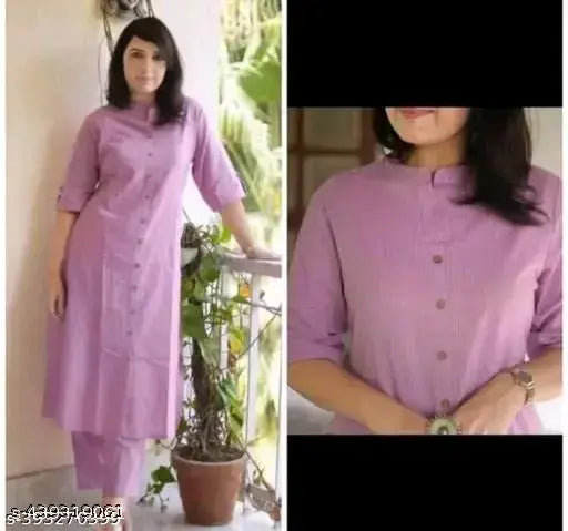 Pink cotton Kurta Set with pants, three-quarter sleeves, solid pattern, various sizes available from S to XXXL. Indian traditional clothing on display