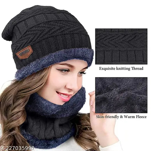 Black knit winter hat with fur trim and a button closure for women