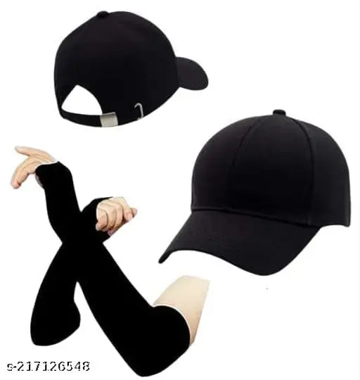 Black cotton baseball cap with UV protection and cooling arm sleeves, designed for men's and women's outdoor activities