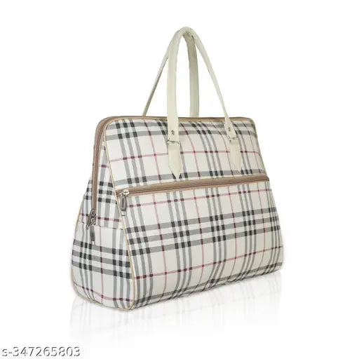 Brown plaid handbag with adjustable strap, zip closure