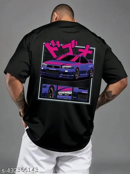 Men's black cotton blend long sleeves printed T-shirt, car design on chest, size M, made in India
