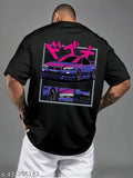 Men's black cotton blend long sleeves printed T-shirt, car design on chest, size M, made in India