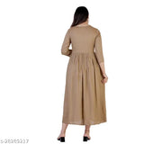 Beige rayon embroidered flared kurti with three-quarter sleeves, intricate Indian embroidery on display