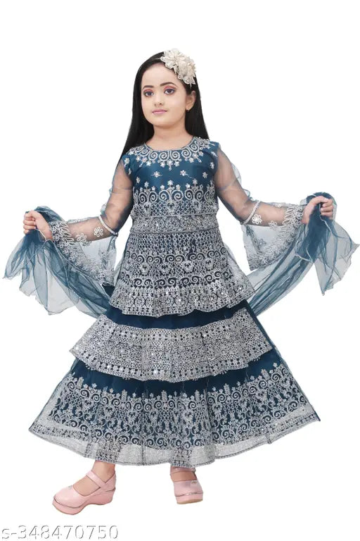 Exquisite long-length, embroidered net lehenga in multiple sizes (4-5Y, 5-6Y, etc.) for festive wear, featuring intricate detailing and a coordinating dupatta