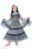 Exquisite long-length, embroidered net lehenga in multiple sizes (4-5Y, 5-6Y, etc.) for festive wear, featuring intricate detailing and a coordinating dupatta