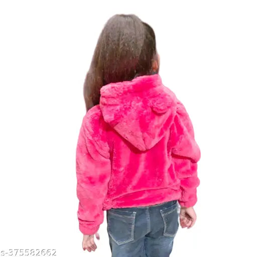 KANIKA faux fur hoodie, polyester self-design, cozy winter wear for girls aged 12-13 years