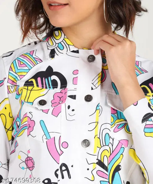 Denim jacket with cotton long sleeves, printed twill design in white, for casual & party wear. Made in India (Size M: Bust 36in, Length 21in; Size L: Bust 38in, Length 21in; Size XL: Bust 40in, Length 21in)