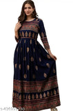 Blue rayon printed three-quarter sleeve gown, new arrival from India
