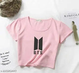 Printed elegant short sleeve crop T-shirt for women & girls, cotton blend, stylish design, soft, premium quality, India origin