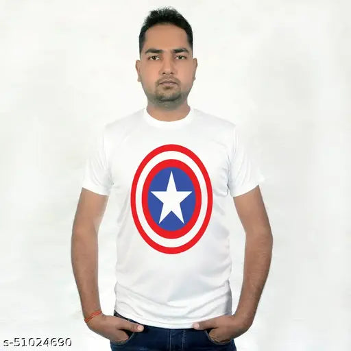 White polycotton men's shield print round neck t-shirt, perfect for casual wear and various occasions