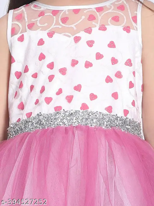 Pink net sequin party dress, embellished belt for kids (ages 1-11), Indian origin