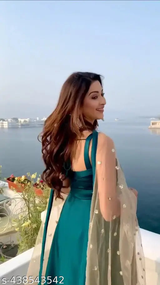 Art Silk aqua blue Anushka gowns set with dupatta, sleeveless, various sizes available
