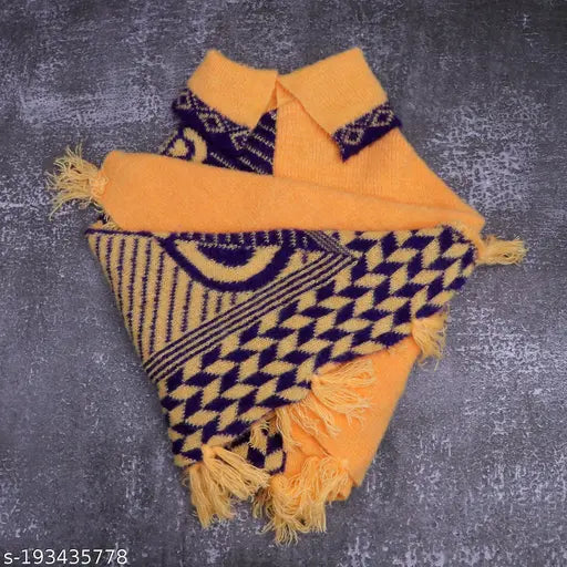 Blue & yellow wool poncho pullover cardigan for kids (2-4 years), self-design net pattern