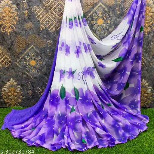 Purple georgette flower leaf print sari