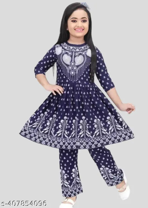 Blue cotton blend party wear set for kids: Three quarter sleeves round neck Naira cut top & palazzo bottoms
