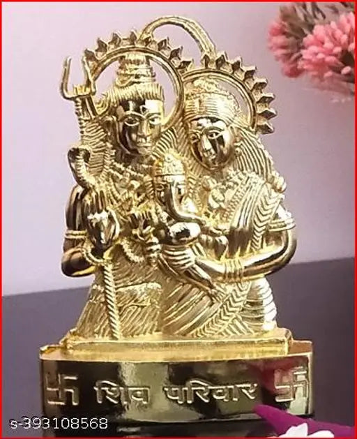 Gold-plated HaridwarDivine Shiv parivar idol for car dashboard, features Shiv ji, Parvati, Ganesh murti. Golden metal temple decor piece for home or office