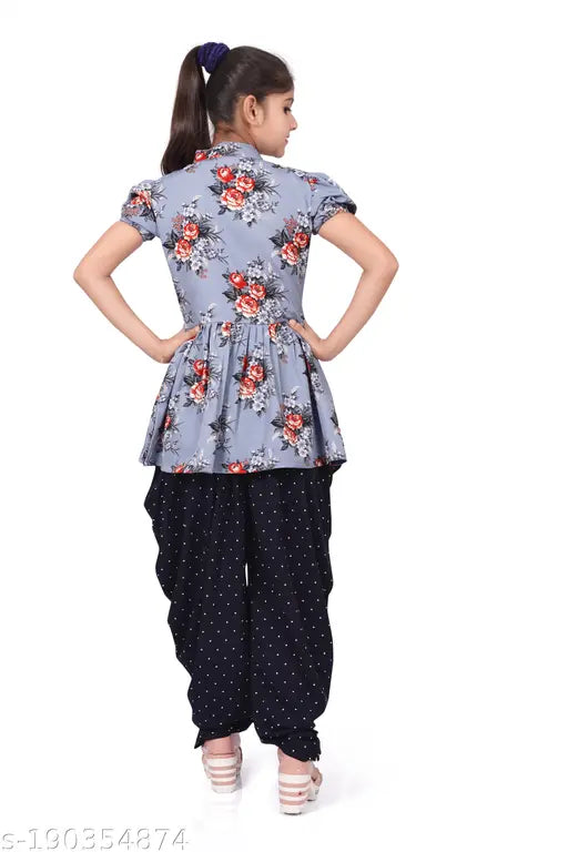 Printed crepe anarkali set with dhoti pants for girls aged 4-16 years, Indian clothing
