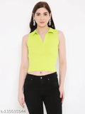 Lime Punch ribbed polyester tank top for women - sleeveless, solid pattern, mid-waist crop length