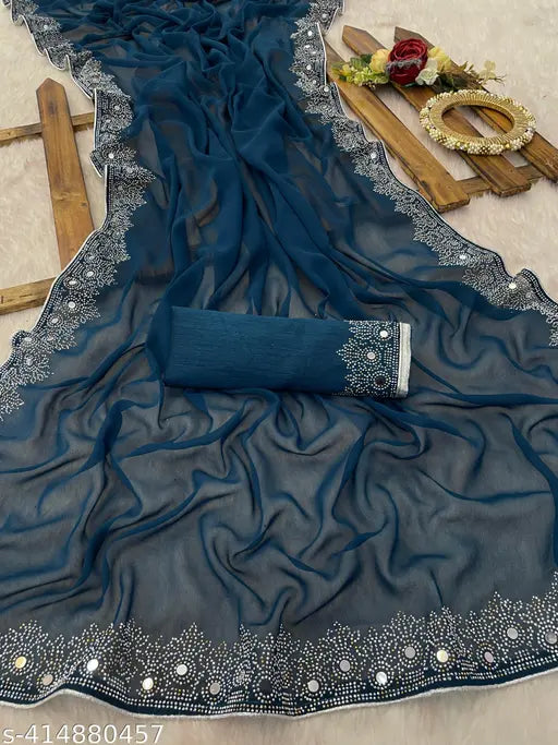 Varnis Georgette saree with Siroski diamonds, Indian party wear, solid pattern, free size