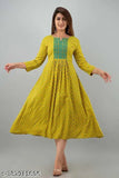 Yellow cotton embroidered anarkali kameez with long sleeves