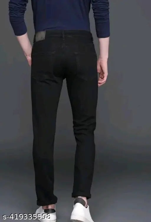 Trendy men's black denim jeans, solid pattern, comfortable fit for modern fashion