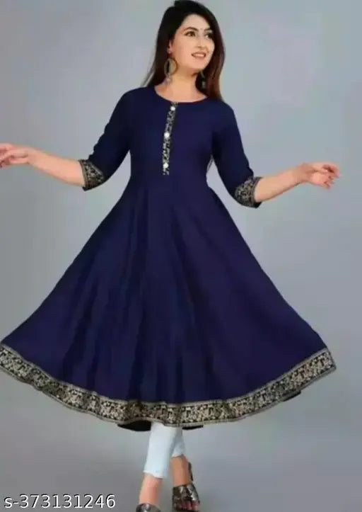 Blue rayon kameez with gold print border, straight cut traditional ethnic wear for women