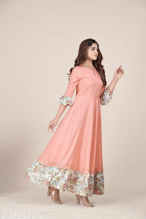 Peach designer long anarkali kameez with keyhole neck design