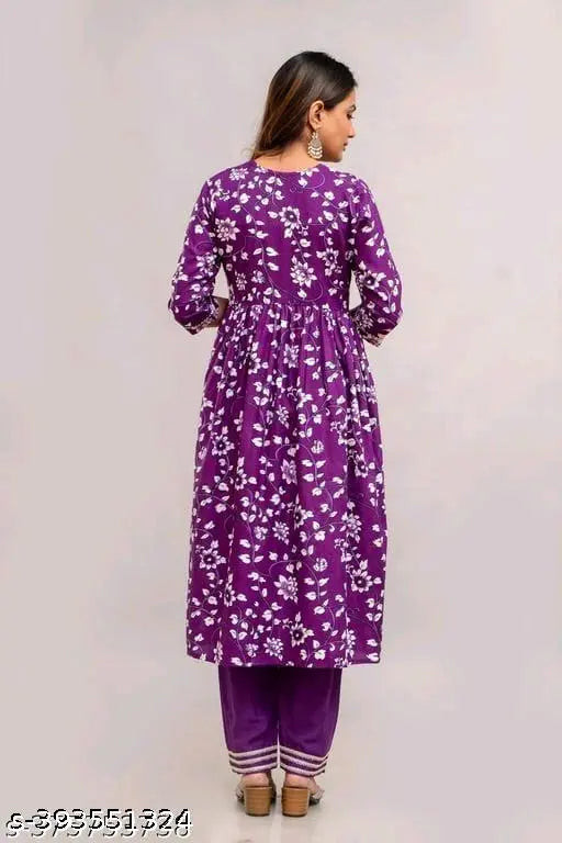 Purple Rayon Aliya Cut Kurta Set - Printed, stitched net, three-quarter sleeves. Beautiful color in various sizes (S-XXL), originates from India