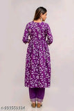 Purple Rayon Aliya Cut Kurta Set - Printed, stitched net, three-quarter sleeves. Beautiful color in various sizes (S-XXL), originates from India