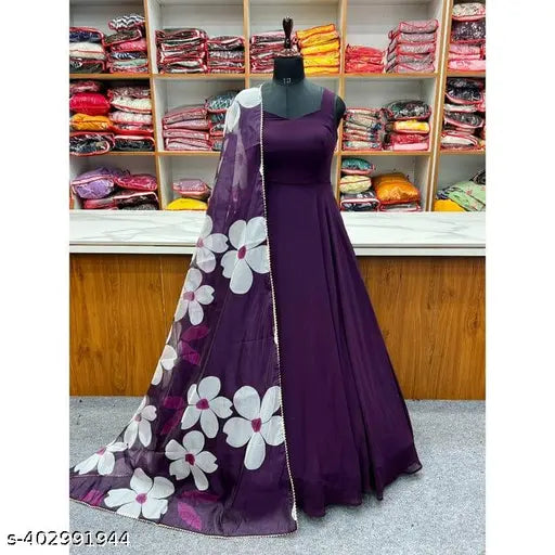 Wine-hued Georgette kurti with dupatta, sleeveless and full-stitched, great for parties, sizes S-XXL