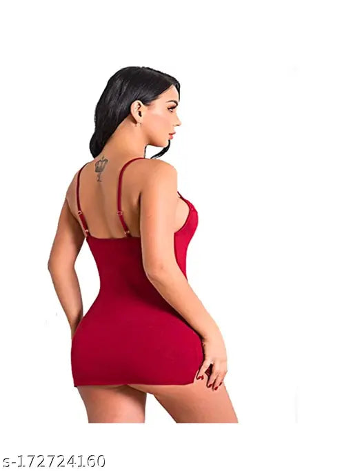 Stylish black and maroon nylon babydoll night dress, spaghetti top and shorts, sleeveless design, free size 28-36in, women's and girls sleepwear from India