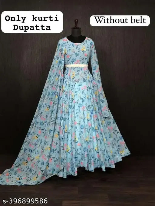 Georgette Anarkali-style women's kurti with printed net dupatta, three-quarter sleeves. Sizes: S, L, XL (40in bust, 14.5in shoulder, 38in waist, 40in hip, 52in length)