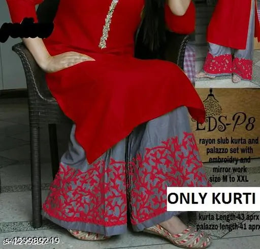 Stylish retro rayon women's kurti with three-quarter sleeves, solid combo, XXL size, Indian embroidery
