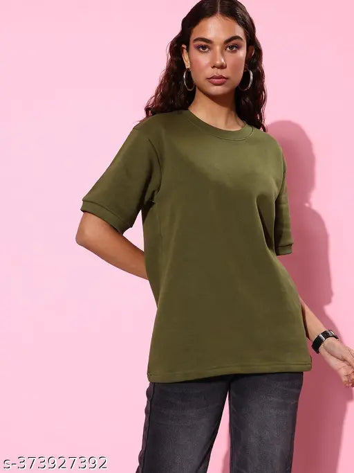Olive cotton oversized women's sweatshirt, solid pattern, short sleeves, stylish and comfortable clothing from India