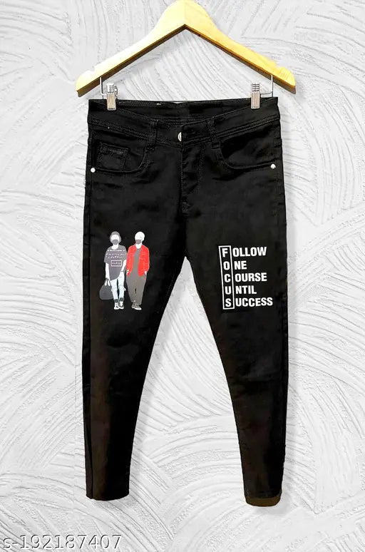 Handmade black denim jeans for men, placement print pattern, unique trending style from India (Size 28 waist x 39 length)